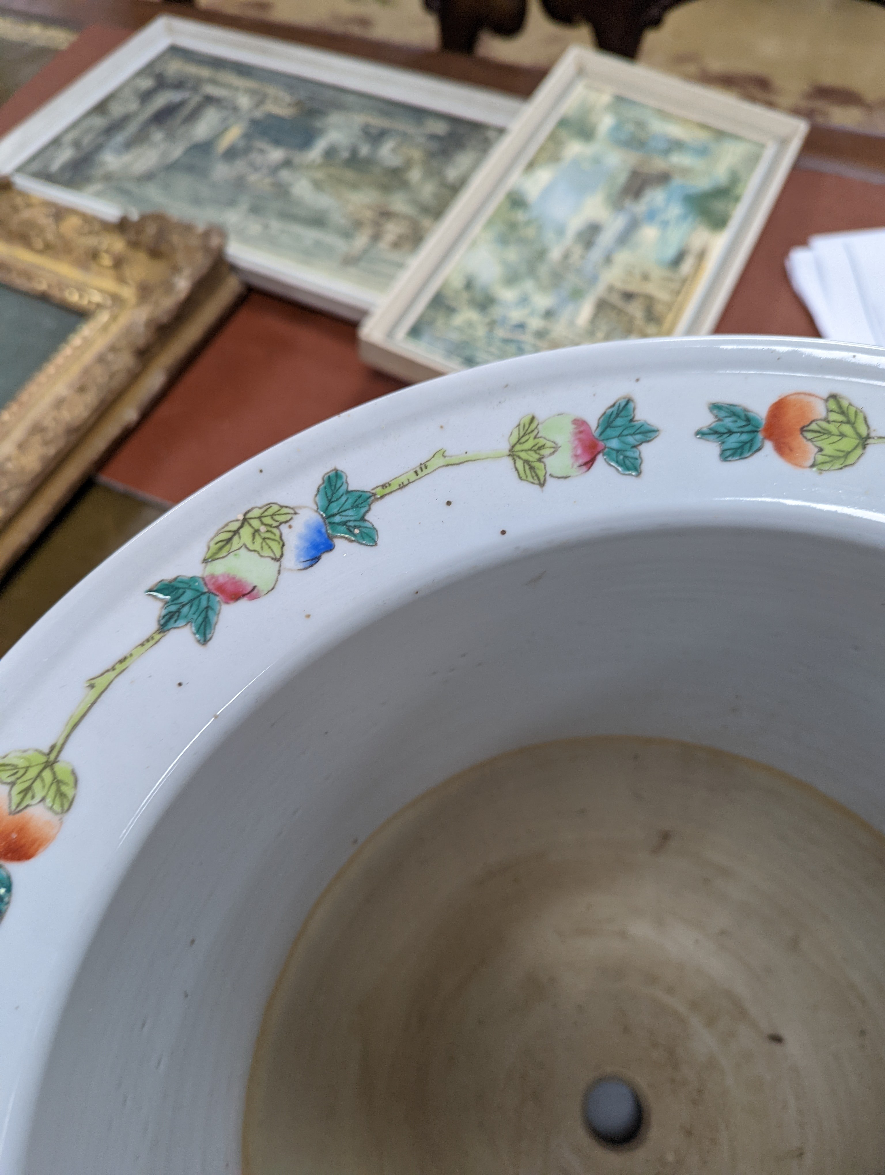 A 20th century Chinese porcelain jardiniere and dish, diameter 36 cms.